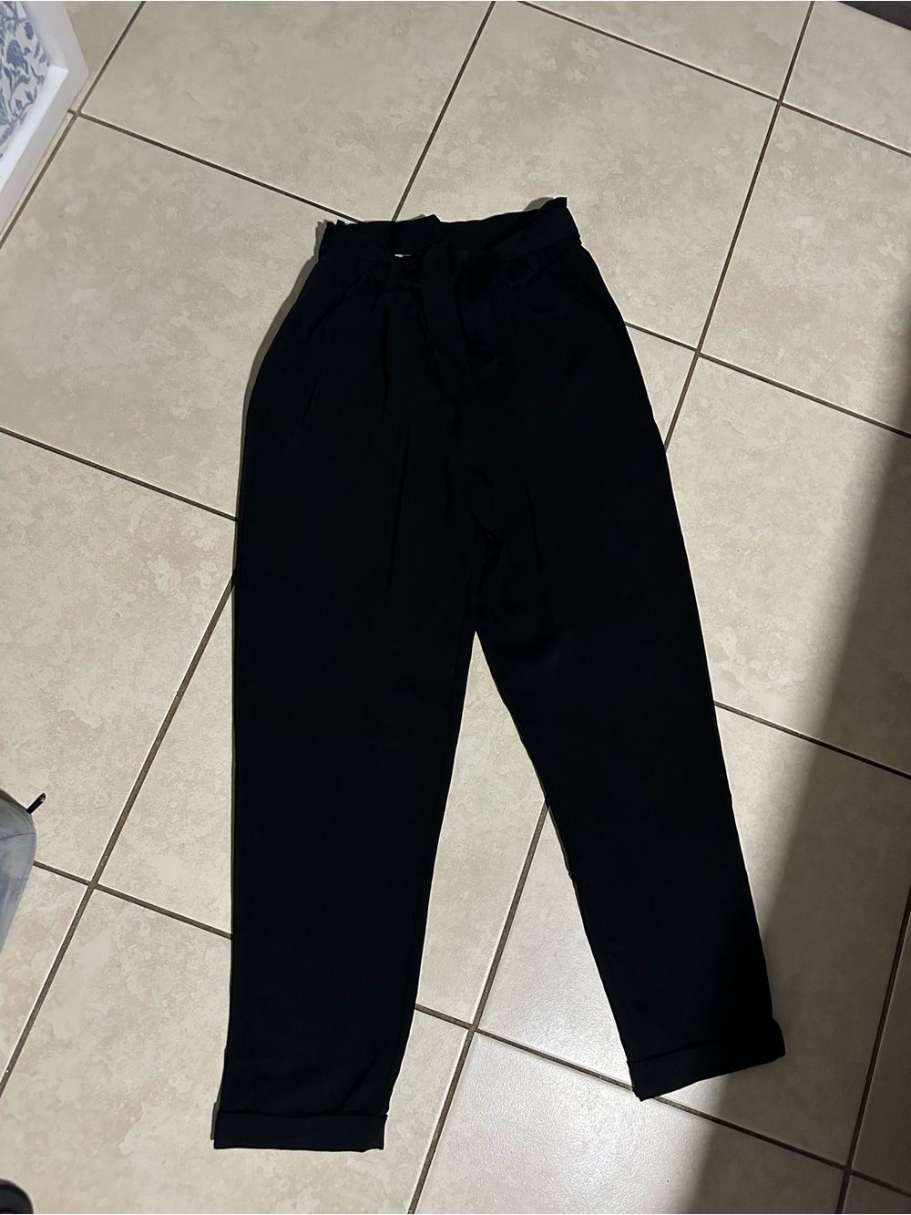 SO Black Paperbag Waist Tie Trousers